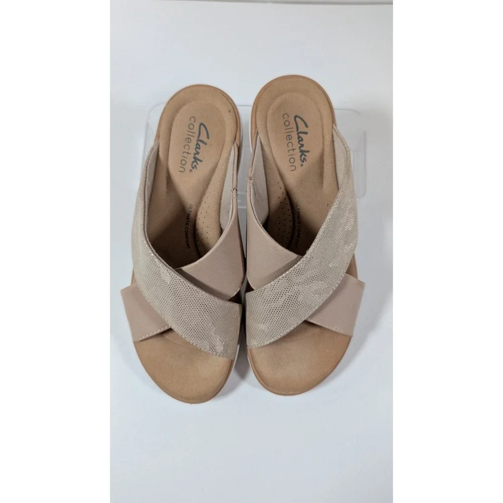 Clarks Collection Womens Arla Kaylie Sandal Beige Shimmer Wedge Slide